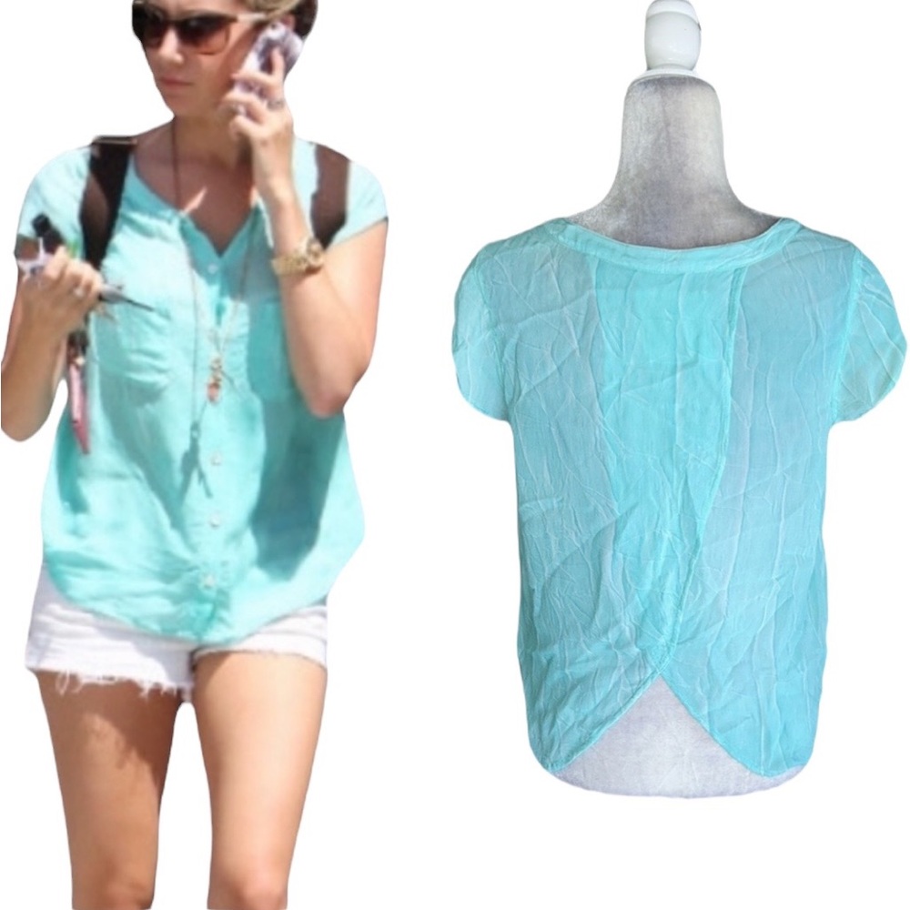 Free People Spellbound Aqua Marbled Chiffon Overlapping Back Blouse - S